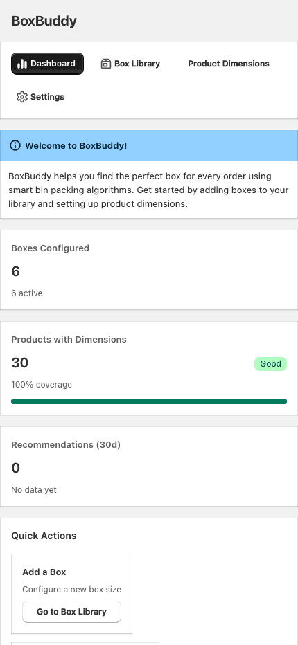 BoxBuddy Dashboard - Track recommendations and efficiency at a glance